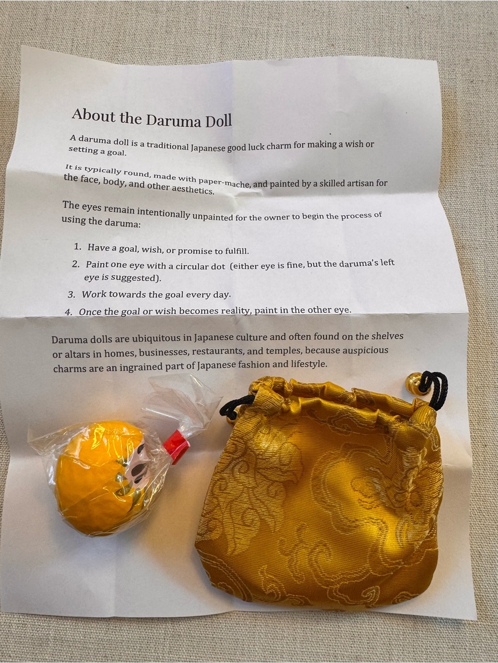 Golden Daruma Doll with Brocade Drawstring Pouch